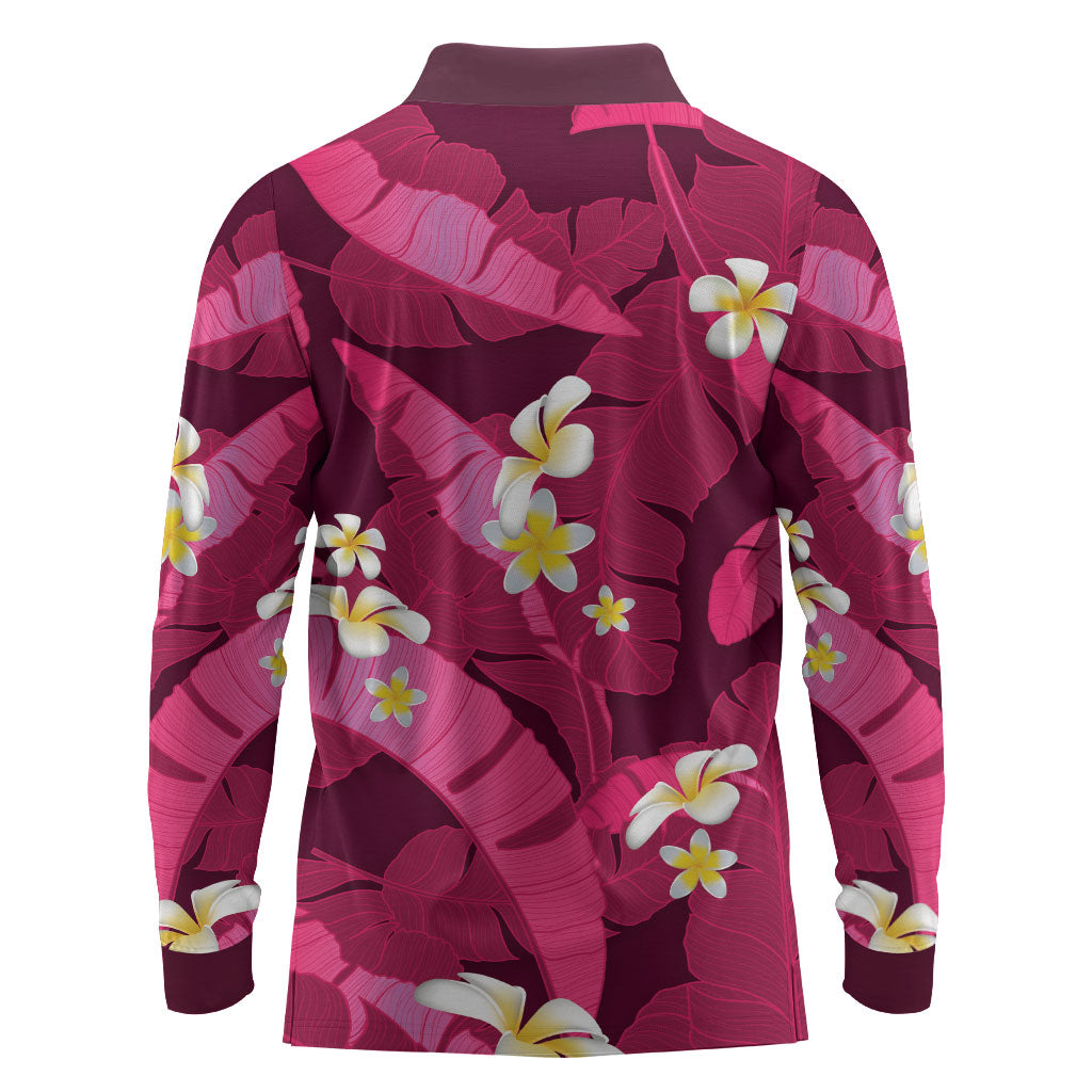Pink Banana Leaf Hawaii Long Sleeve Polo Shirt Lau Maia Plumeria Tropical Summer Vibes LT14 - Polynesian Pride