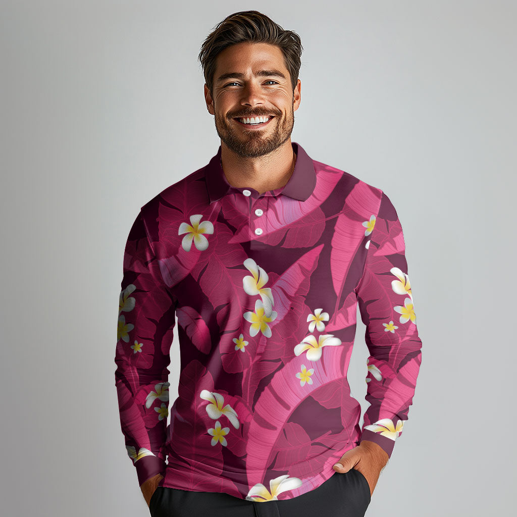 Pink Banana Leaf Hawaii Long Sleeve Polo Shirt Lau Maia Plumeria Tropical Summer Vibes LT14 - Polynesian Pride