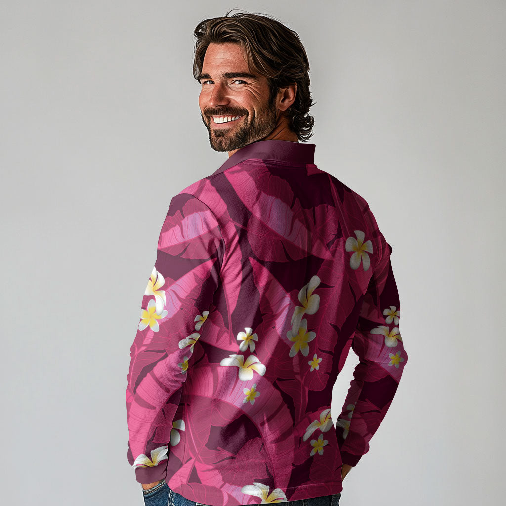 Pink Banana Leaf Hawaii Long Sleeve Polo Shirt Lau Maia Plumeria Tropical Summer Vibes LT14 - Polynesian Pride