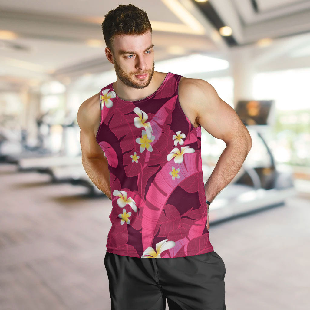 Pink Banana Leaf Hawaii Men Tank Top Lau Maia Plumeria Tropical Summer Vibes LT14 Pink - Polynesian Pride