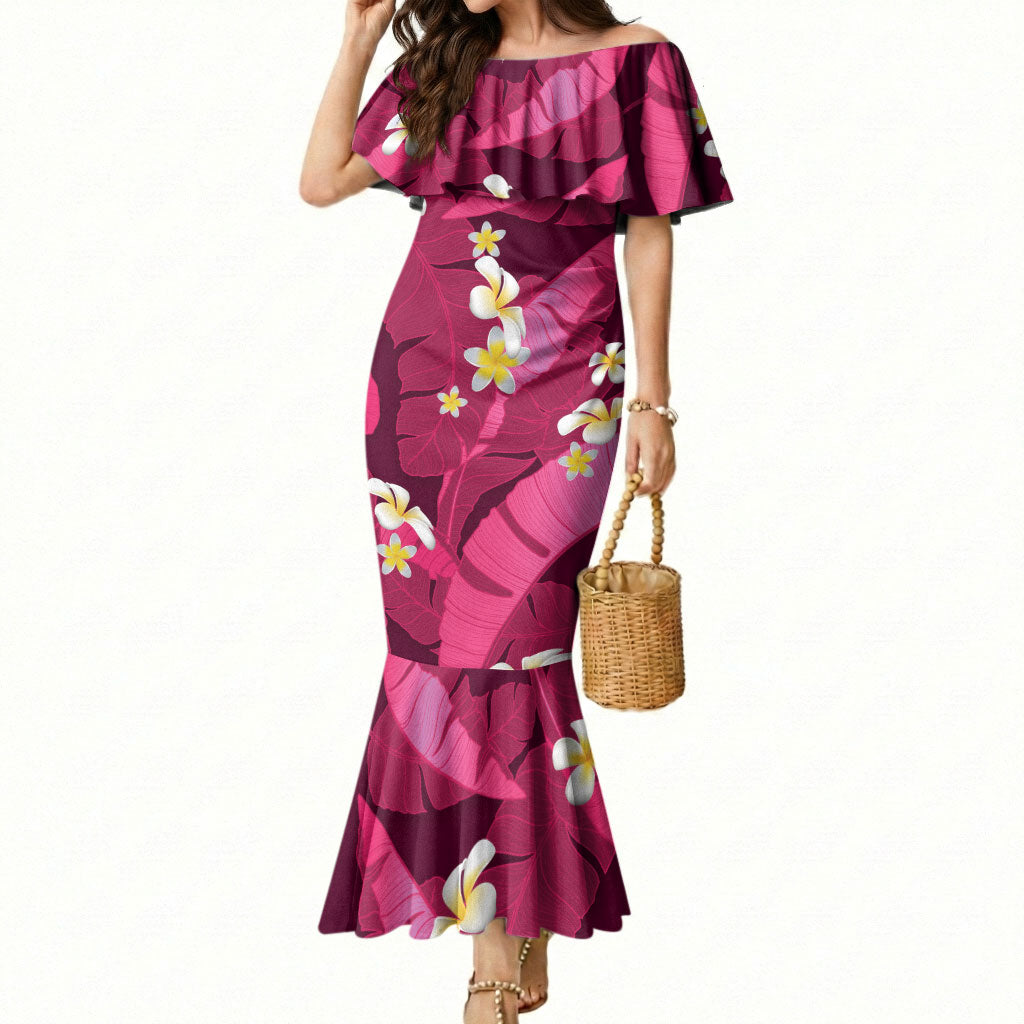 Pink Banana Leaf Hawaii Mermaid Dress Lau Maia Plumeria Tropical Summer Vibes LT14 Women Pink - Polynesian Pride