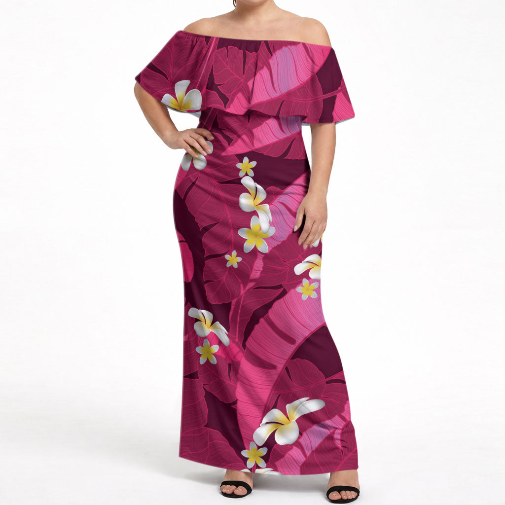 Pink Banana Leaf Hawaii Off Shoulder Maxi Dress Lau Maia Plumeria Tropical Summer Vibes LT14 Women Pink - Polynesian Pride