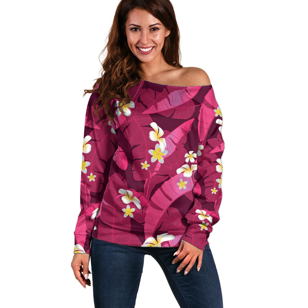 Pink Banana Leaf Hawaii Off Shoulder Sweater Lau Maia Plumeria Tropical Summer Vibes LT14 Women Pink - Polynesian Pride