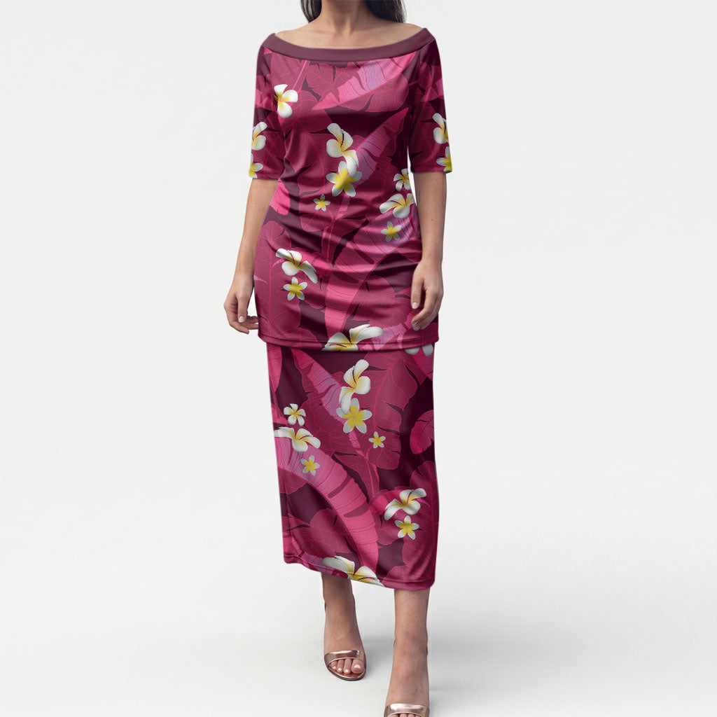 Pink Banana Leaf Hawaii Puletasi Lau Maia Plumeria Tropical Summer Vibes LT14 Long Dress Pink - Polynesian Pride