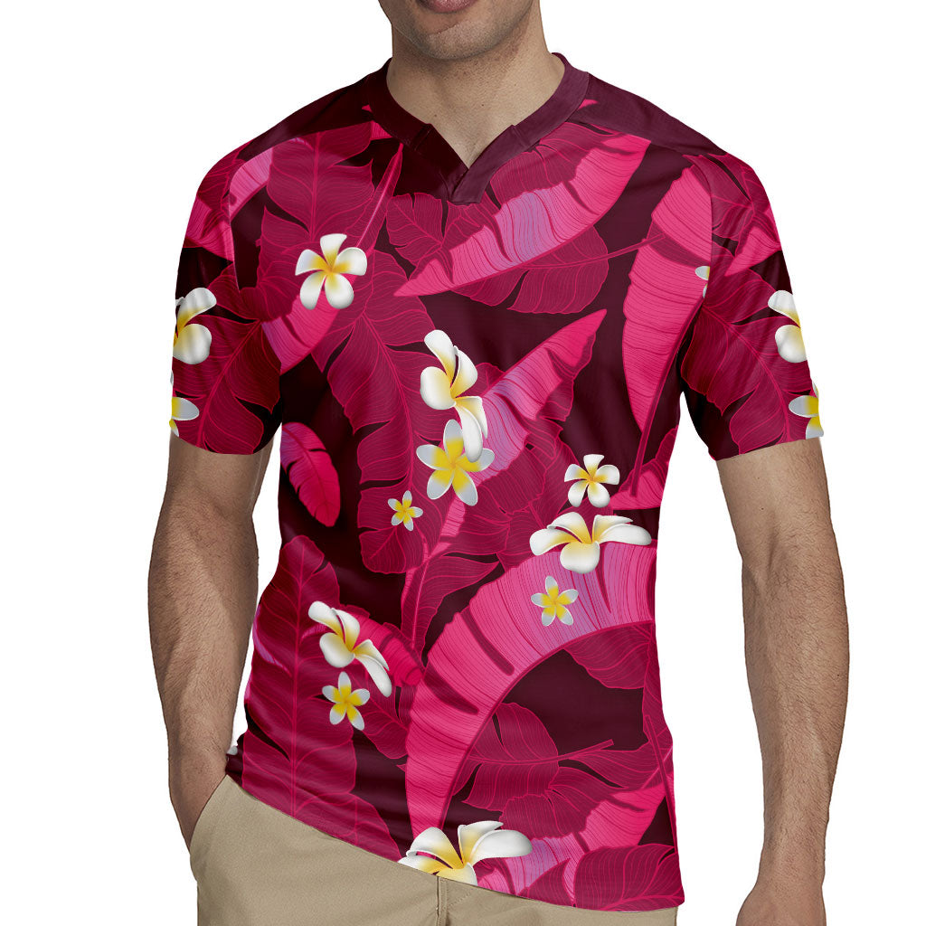 Pink Banana Leaf Hawaii Rugby Jersey Lau Maia Plumeria Tropical Summer Vibes LT14 - Polynesian Pride