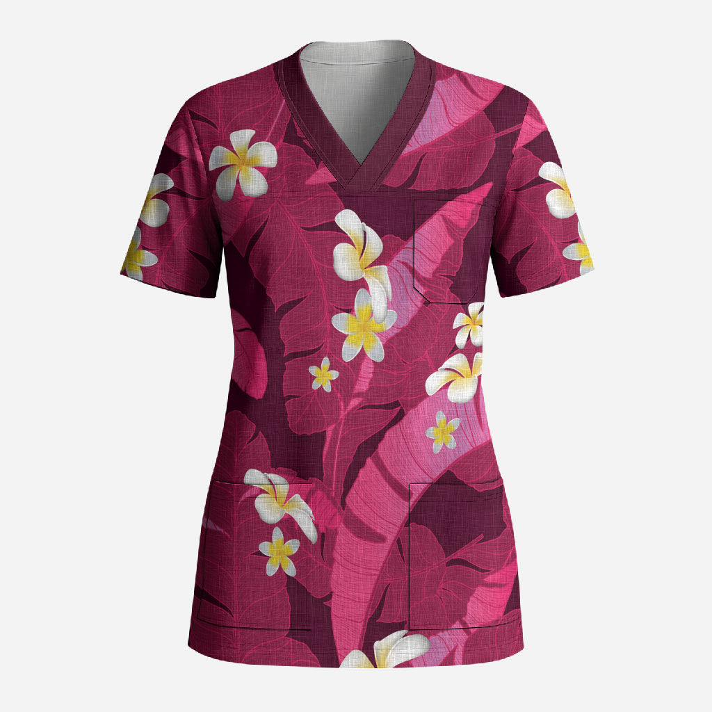 Pink Banana Leaf Hawaii Scrub Top Lau Maia Plumeria Tropical Summer Vibes LT14 Adult Pink - Polynesian Pride