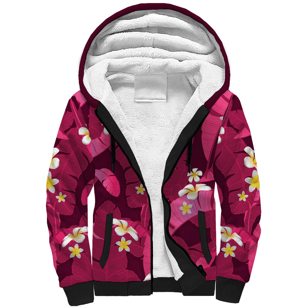 Pink Banana Leaf Hawaii Sherpa Hoodie Lau Maia Plumeria Tropical Summer Vibes LT14 Unisex Pink - Polynesian Pride