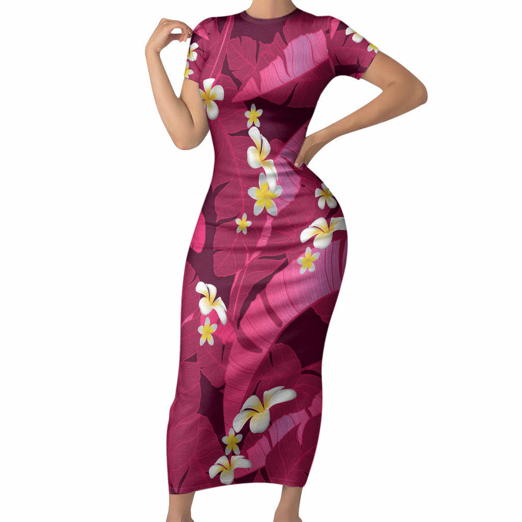 Pink Banana Leaf Hawaii Short Sleeve Bodycon Dress Lau Maia Plumeria Tropical Summer Vibes LT14 Long Dress Pink - Polynesian Pride