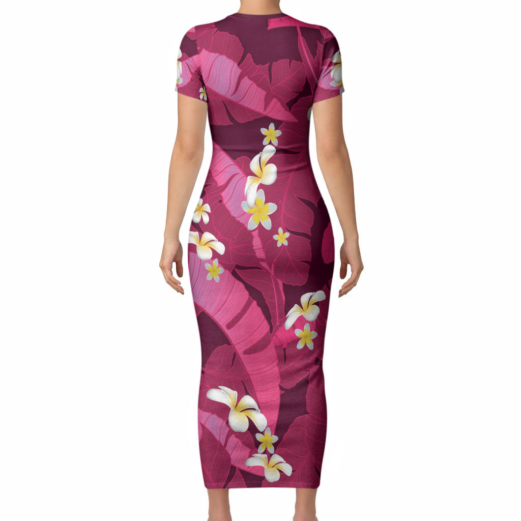 Pink Banana Leaf Hawaii Short Sleeve Bodycon Dress Lau Maia Plumeria Tropical Summer Vibes LT14 - Polynesian Pride