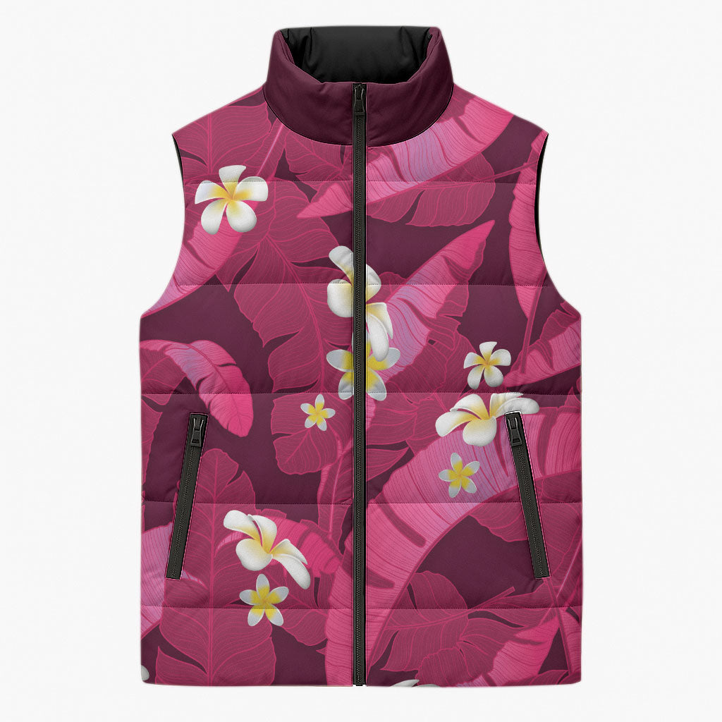 Pink Banana Leaf Hawaii Sleeveless Puffer Jacket Lau Maia Plumeria Tropical Summer Vibes LT14 Unisex Pink - Polynesian Pride