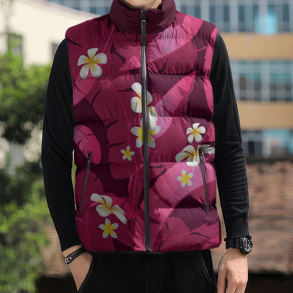 Pink Banana Leaf Hawaii Sleeveless Puffer Jacket Lau Maia Plumeria Tropical Summer Vibes LT14 - Polynesian Pride