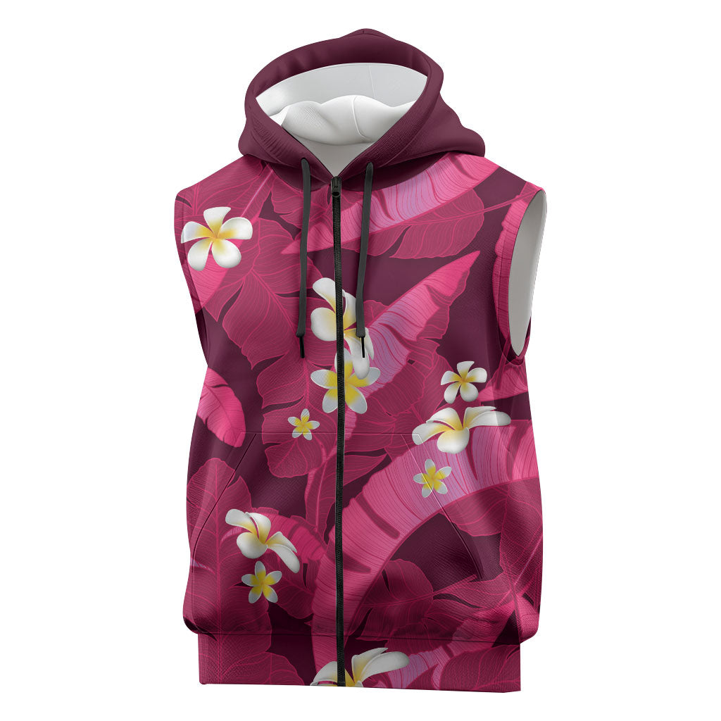 Pink Banana Leaf Hawaii Sleeveless Zip Hoodie Lau Maia Plumeria Tropical Summer Vibes LT14 Pink - Polynesian Pride