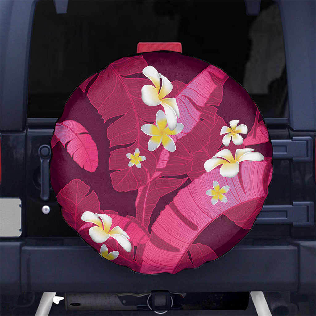 Pink Banana Leaf Hawaii Spare Tire Cover Lau Maia Plumeria Tropical Summer Vibes LT14 No hole Pink - Polynesian Pride