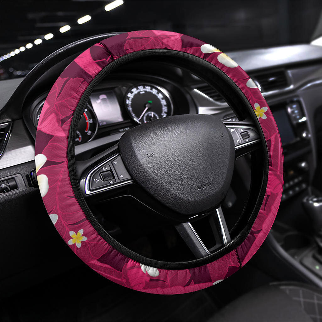 Pink Banana Leaf Hawaii Steering Wheel Cover Lau Maia Plumeria Tropical Summer Vibes LT14 Universal Fit Pink - Polynesian Pride