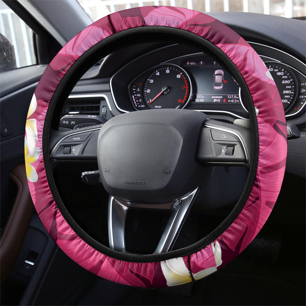 Pink Banana Leaf Hawaii Steering Wheel Cover Lau Maia Plumeria Tropical Summer Vibes LT14 - Polynesian Pride