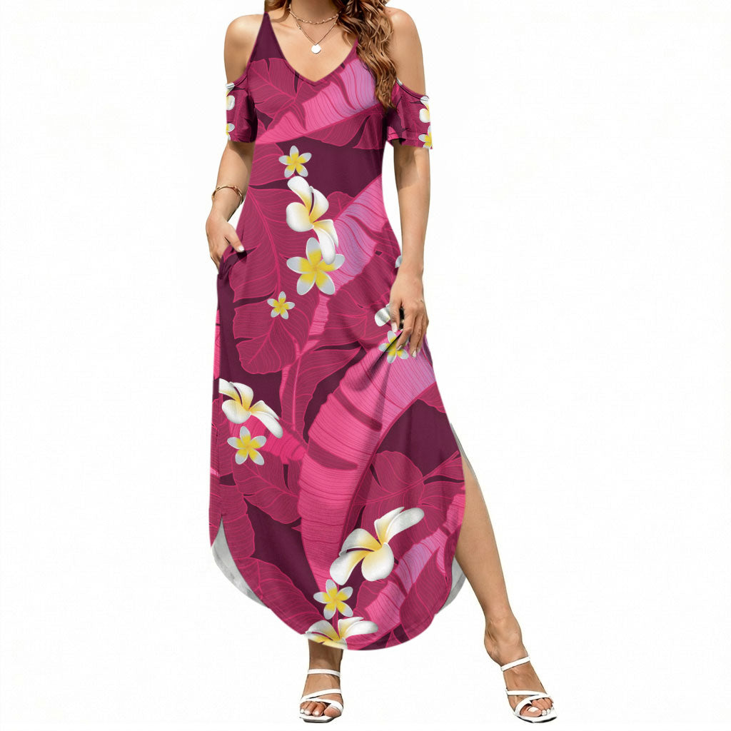 Pink Banana Leaf Hawaii Summer Maxi Dress Lau Maia Plumeria Tropical Summer Vibes LT14 Women Pink - Polynesian Pride