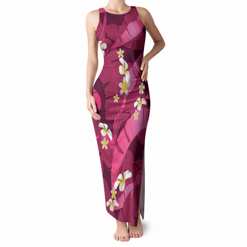 Pink Banana Leaf Hawaii Tank Maxi Dress Lau Maia Plumeria Tropical Summer Vibes LT14 Women Pink - Polynesian Pride