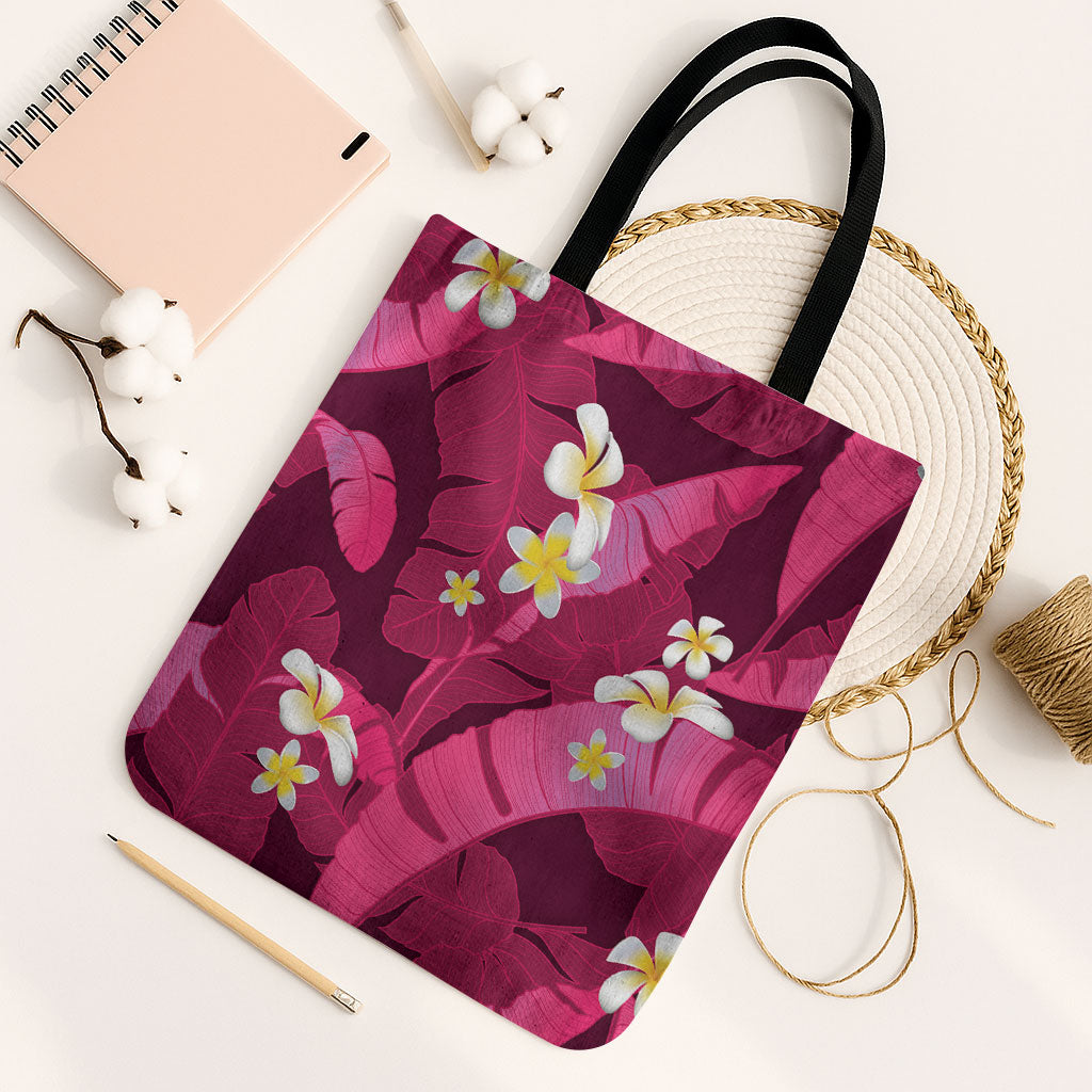 Pink Banana Leaf Hawaii Tote Bag Lau Maia Plumeria Tropical Summer Vibes LT14 Black Strap One Size Pink - Polynesian Pride