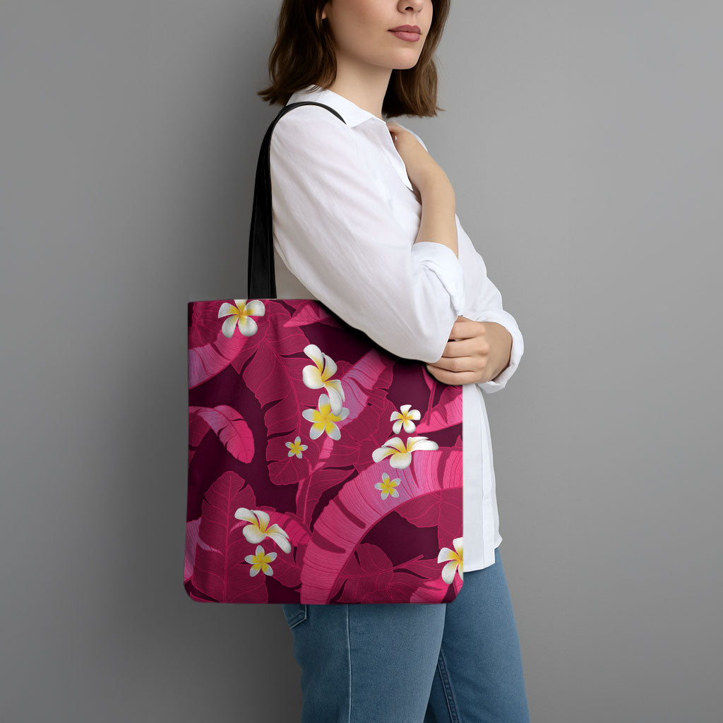 Pink Banana Leaf Hawaii Tote Bag Lau Maia Plumeria Tropical Summer Vibes LT14 - Polynesian Pride