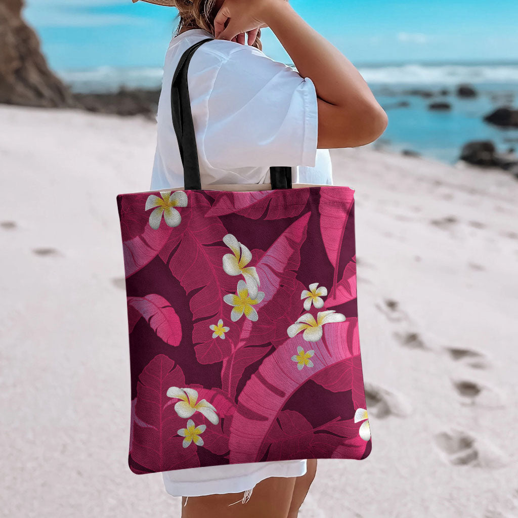 Pink Banana Leaf Hawaii Tote Bag Lau Maia Plumeria Tropical Summer Vibes LT14 - Polynesian Pride