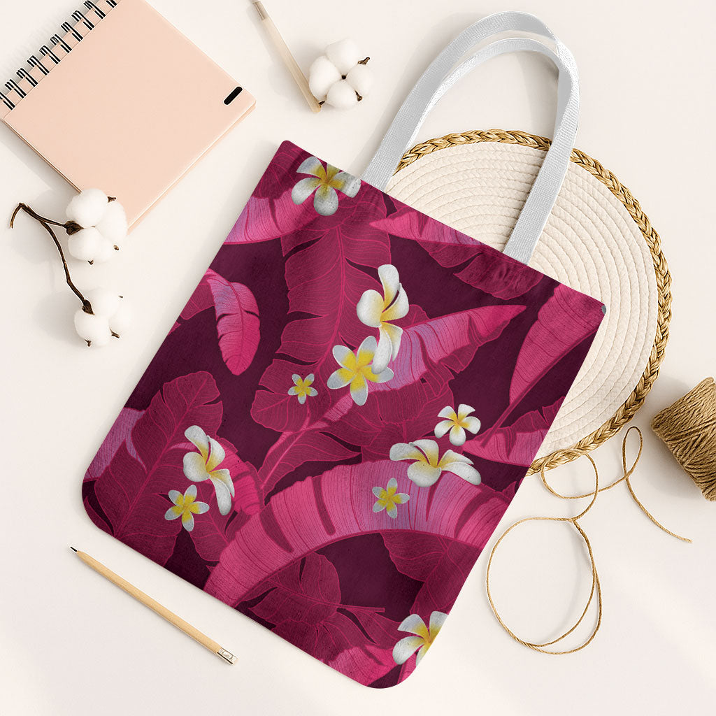 Pink Banana Leaf Hawaii Tote Bag Lau Maia Plumeria Tropical Summer Vibes LT14 White Strap One Size Pink - Polynesian Pride