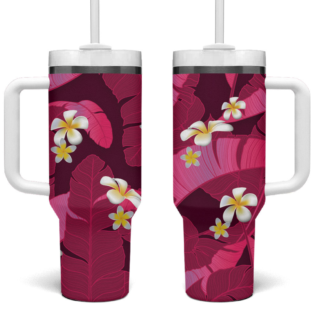 Pink Banana Leaf Hawaii Tumbler With Handle Lau Maia Plumeria Tropical Summer Vibes LT14 One Size: 40 oz Pink - Polynesian Pride