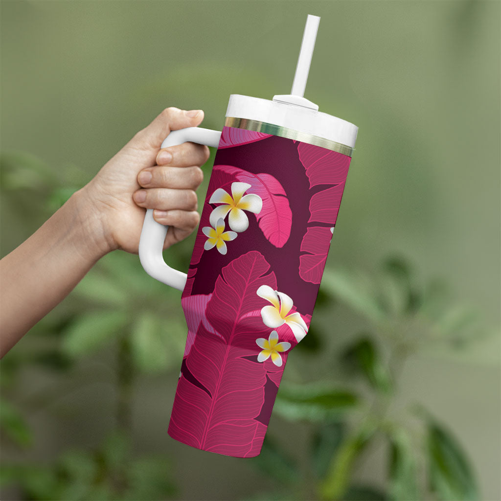 Pink Banana Leaf Hawaii Tumbler With Handle Lau Maia Plumeria Tropical Summer Vibes LT14 - Polynesian Pride