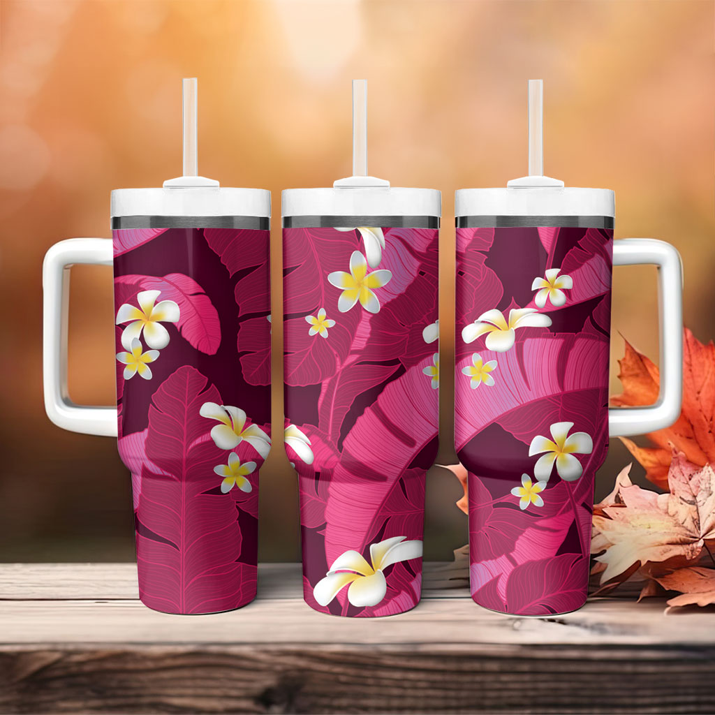 Pink Banana Leaf Hawaii Tumbler With Handle Lau Maia Plumeria Tropical Summer Vibes LT14 - Polynesian Pride
