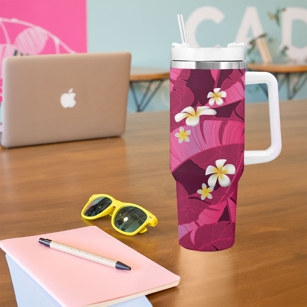 Pink Banana Leaf Hawaii Tumbler With Handle Lau Maia Plumeria Tropical Summer Vibes LT14 - Polynesian Pride