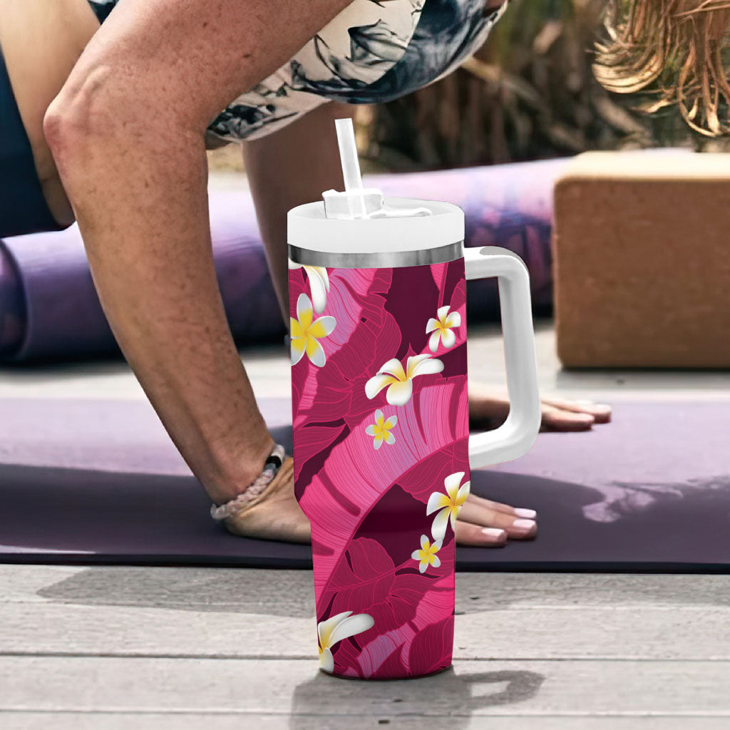Pink Banana Leaf Hawaii Tumbler With Handle Lau Maia Plumeria Tropical Summer Vibes LT14 - Polynesian Pride