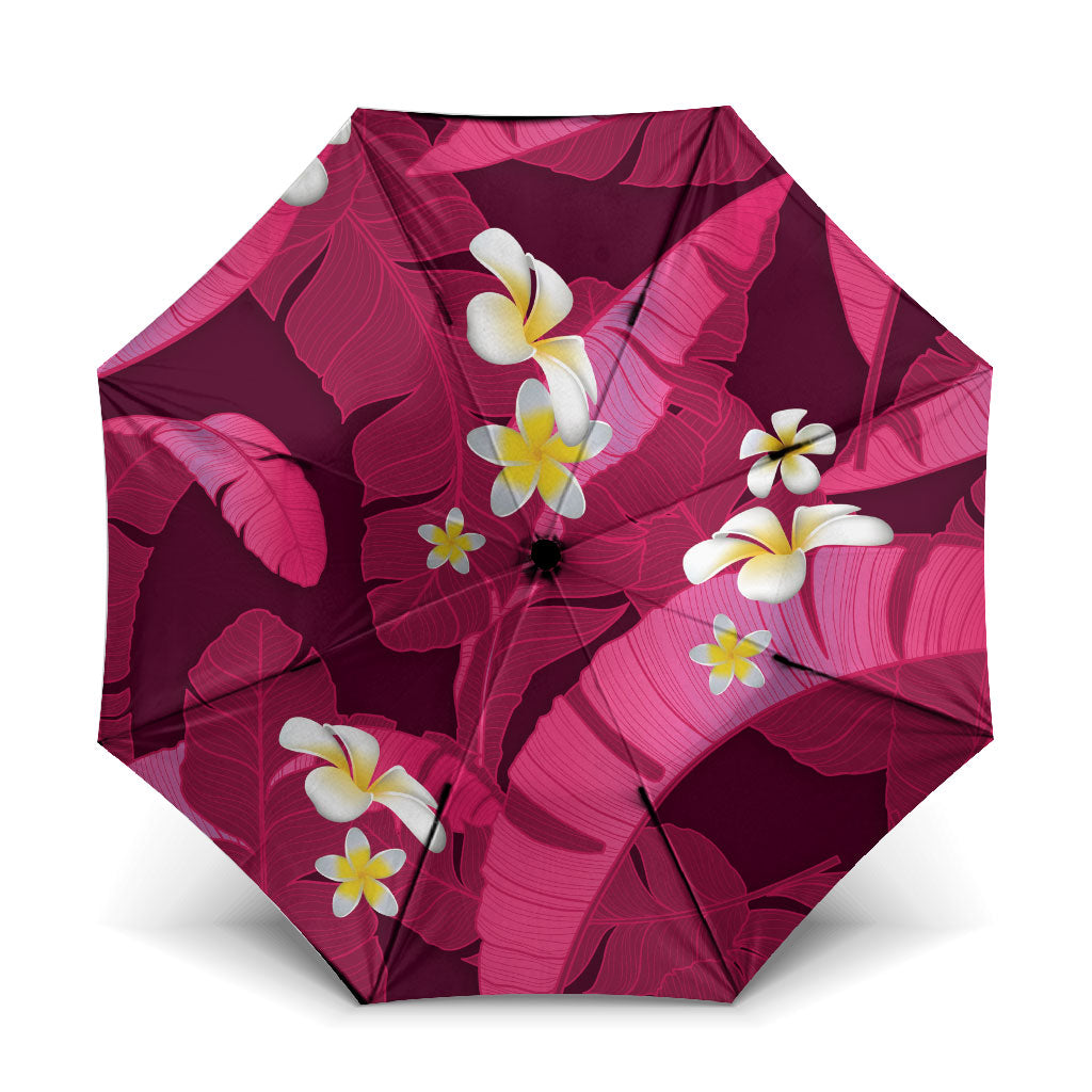 Pink Banana Leaf Hawaii Umbrella Lau Maia Plumeria Tropical Summer Vibes LT14 One Size Folded 11.42 inch Opened Diameter 37.4 inch Pink - Polynesian Pride