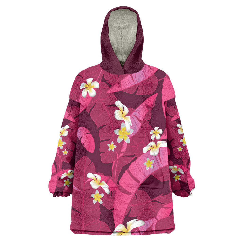 Pink Banana Leaf Hawaii Wearable Blanket Hoodie Lau Maia Plumeria Tropical Summer Vibes LT14 One Size Pink - Polynesian Pride