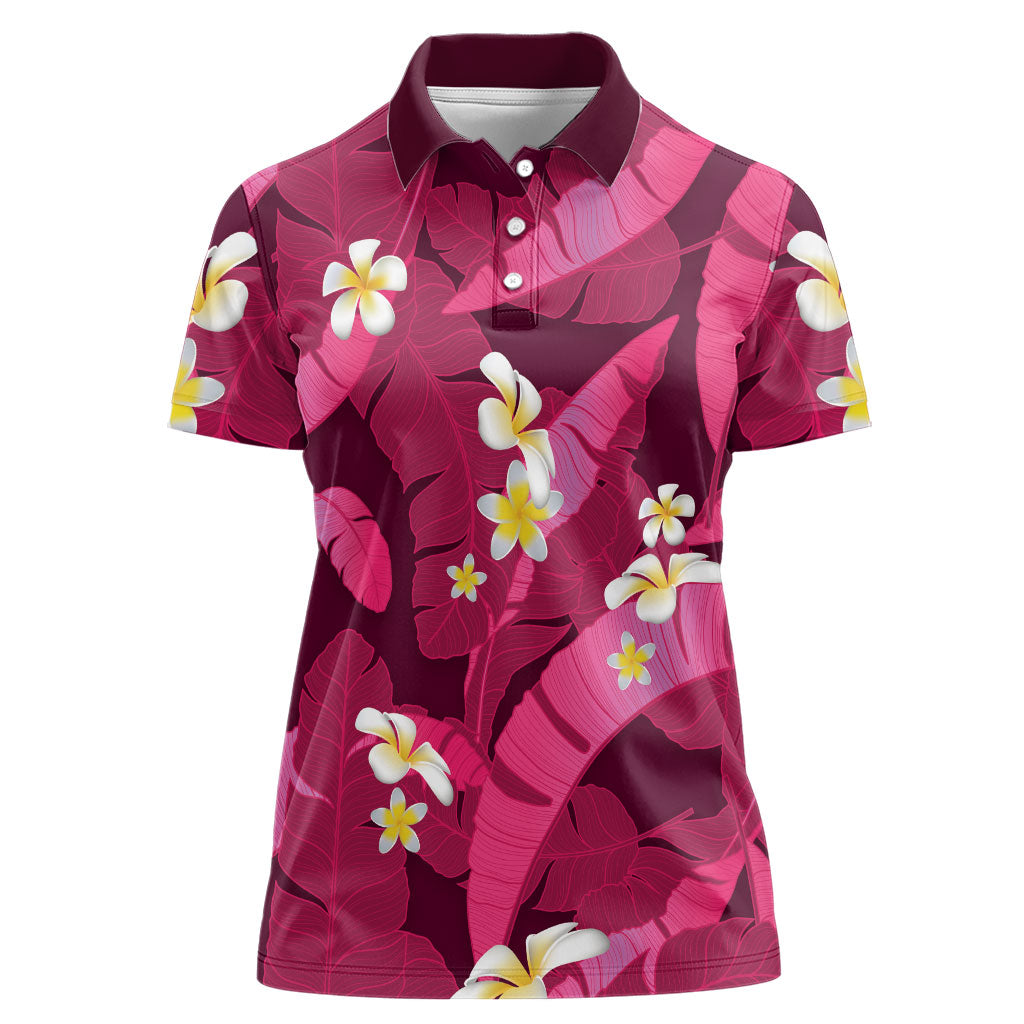 Pink Banana Leaf Hawaii Women Polo Shirt Lau Maia Plumeria Tropical Summer Vibes LT14 Female Pink - Polynesian Pride