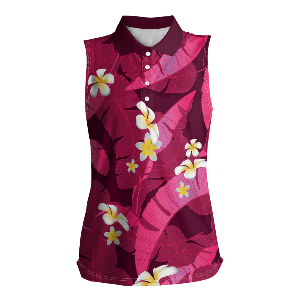 Pink Banana Leaf Hawaii Women Sleeveless Polo Shirt Lau Maia Plumeria Tropical Summer Vibes LT14 Female Pink - Polynesian Pride