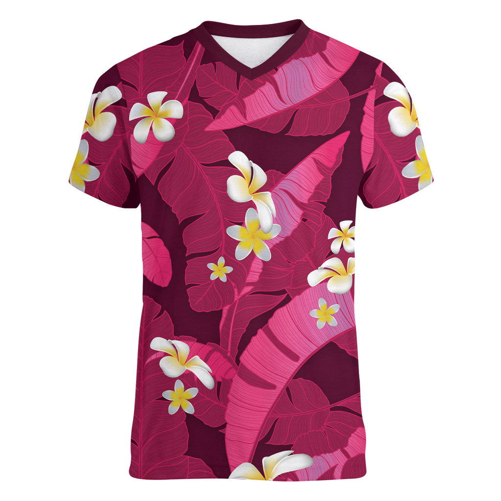 Pink Banana Leaf Hawaii Women V-Neck T-Shirt Lau Maia Plumeria Tropical Summer Vibes LT14 Female Pink - Polynesian Pride