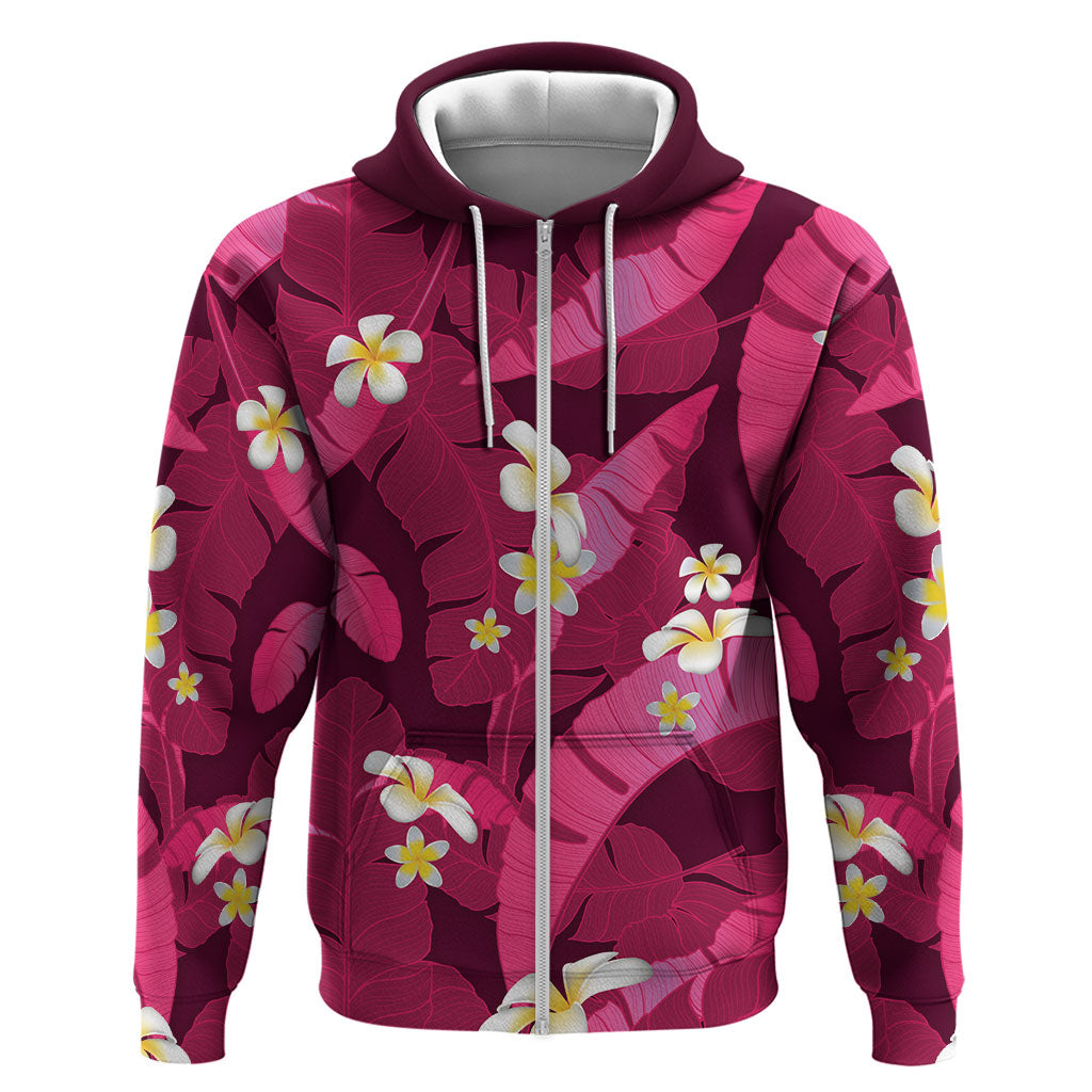 Pink Banana Leaf Hawaii Zip Hoodie Lau Maia Plumeria Tropical Summer Vibes LT14 Zip Hoodie Pink - Polynesian Pride