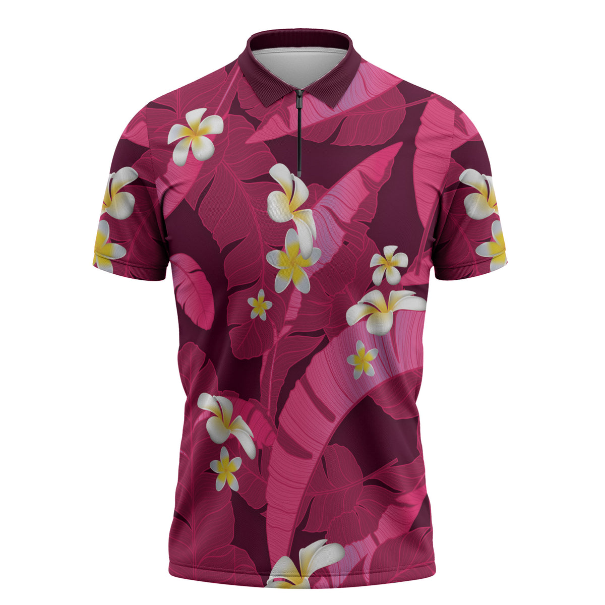 Pink Banana Leaf Hawaii Zipper Polo Shirt Lau Maia Plumeria Tropical Summer Vibes LT14 Pink - Polynesian Pride