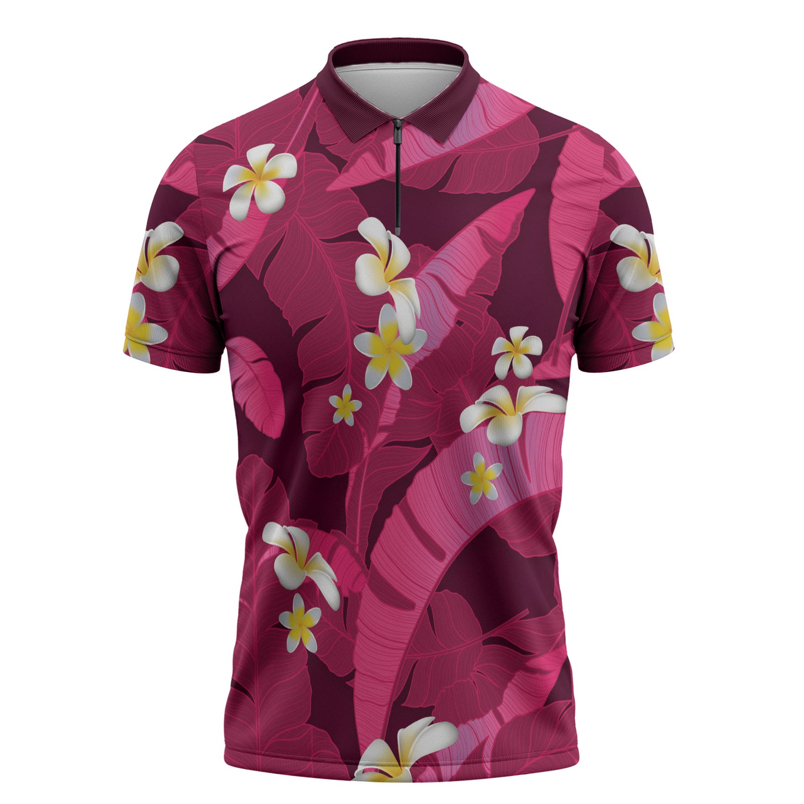 Pink Banana Leaf Hawaii Zipper Polo Shirt Lau Maia Plumeria Tropical Summer Vibes LT14 Pink - Polynesian Pride