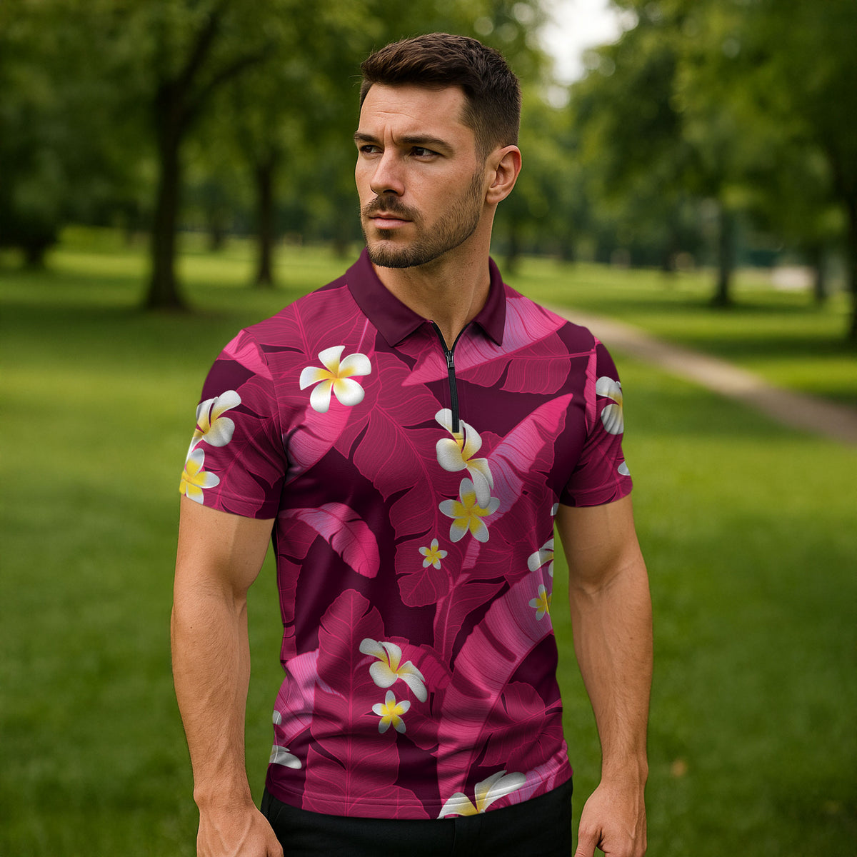 Pink Banana Leaf Hawaii Zipper Polo Shirt Lau Maia Plumeria Tropical Summer Vibes LT14 - Polynesian Pride