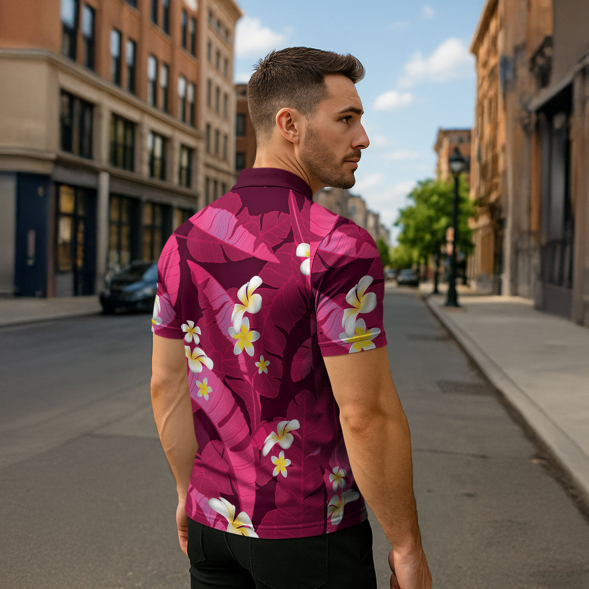 Pink Banana Leaf Hawaii Zipper Polo Shirt Lau Maia Plumeria Tropical Summer Vibes LT14 - Polynesian Pride