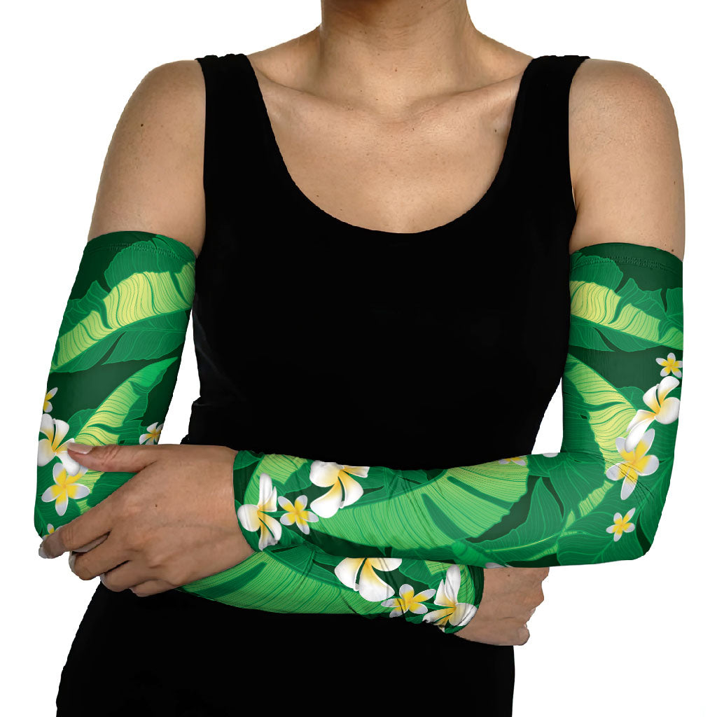 Green Banana Leaf Hawaii Arm Sleeves Lau Maia Plumeria Tropical Summer Vibes LT14 - Polynesian Pride