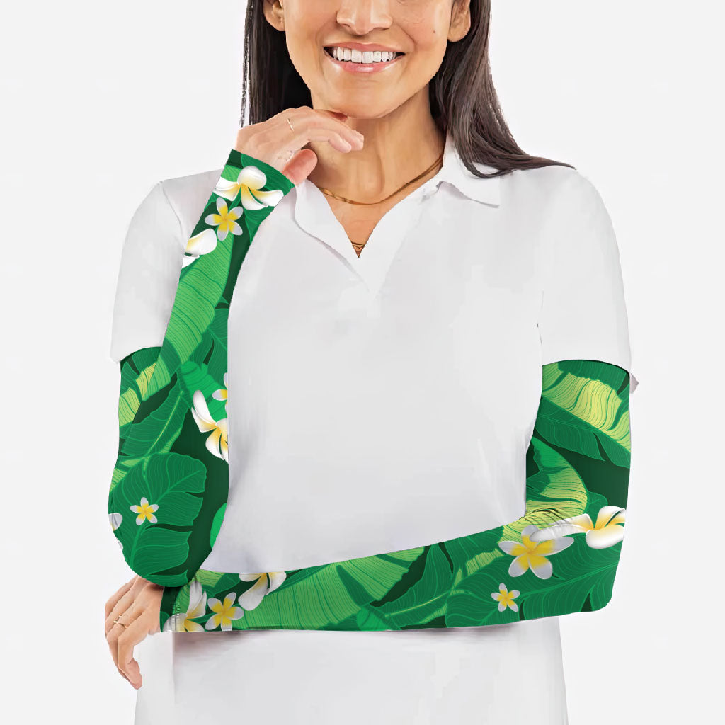 Green Banana Leaf Hawaii Arm Sleeves Lau Maia Plumeria Tropical Summer Vibes LT14 - Polynesian Pride