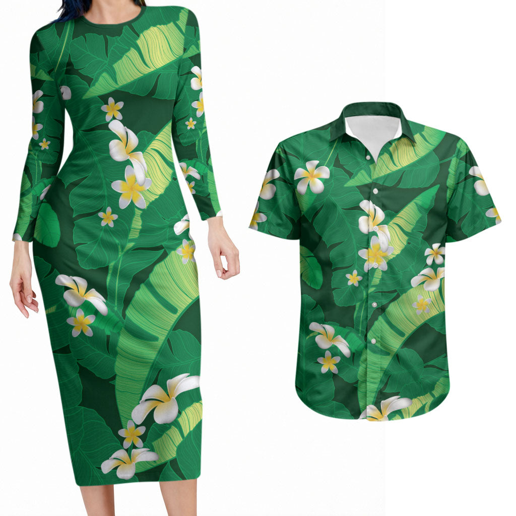 Green Banana Leaf Hawaii Couples Matching Long Sleeve Bodycon Dress and Hawaiian Shirt Lau Maia Plumeria Tropical Summer Vibes LT14 Green - Polynesian Pride