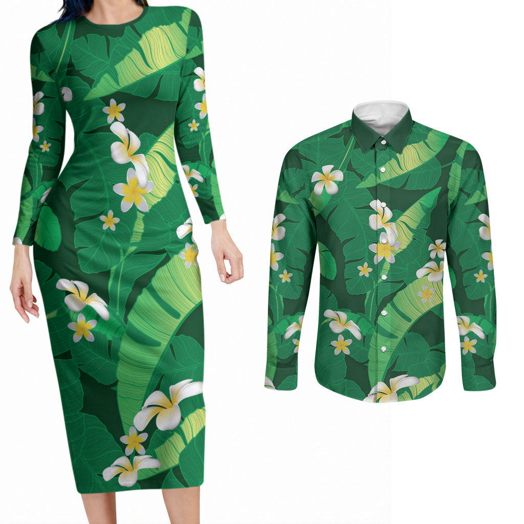 Green Banana Leaf Hawaii Couples Matching Long Sleeve Bodycon Dress and Long Sleeve Button Shirt Lau Maia Plumeria Tropical Summer Vibes LT14 Green - Polynesian Pride