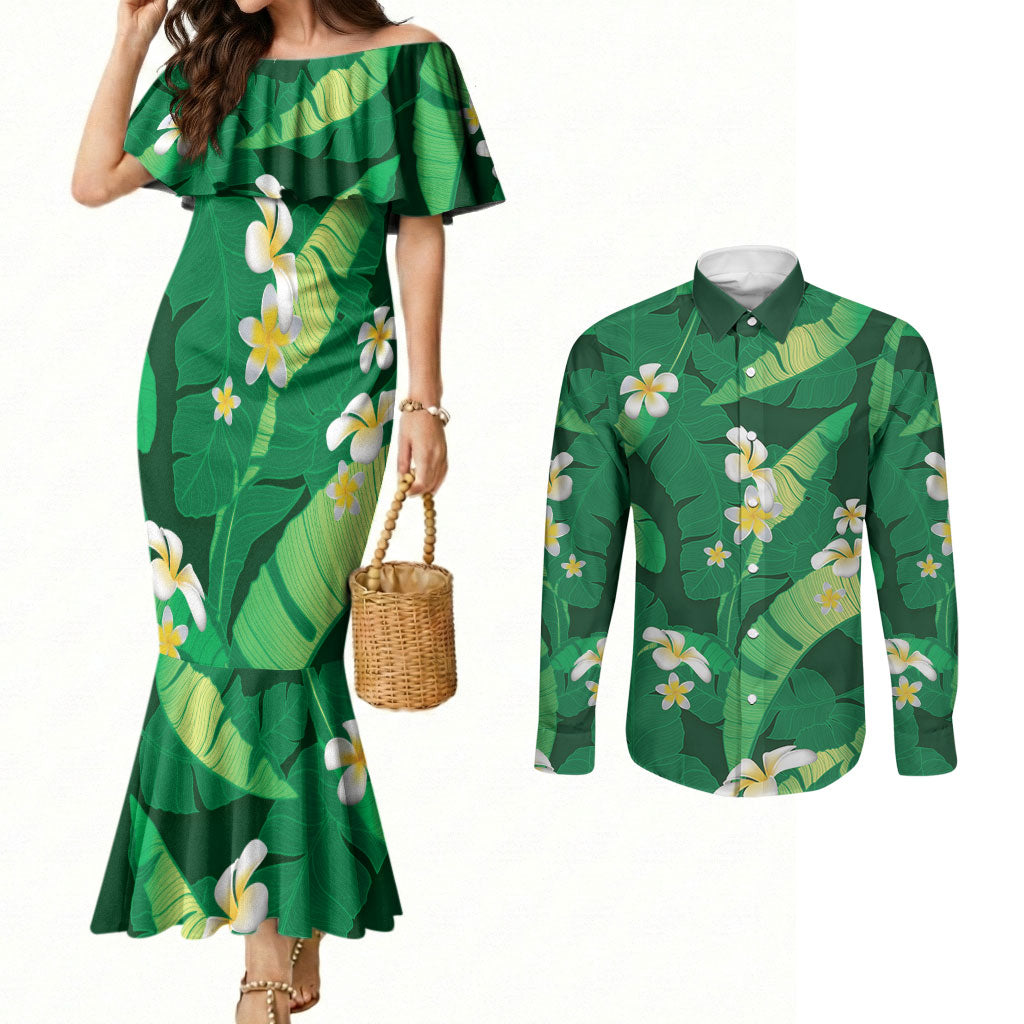 Green Banana Leaf Hawaii Couples Matching Mermaid Dress and Long Sleeve Button Shirt Lau Maia Plumeria Tropical Summer Vibes LT14 Green - Polynesian Pride