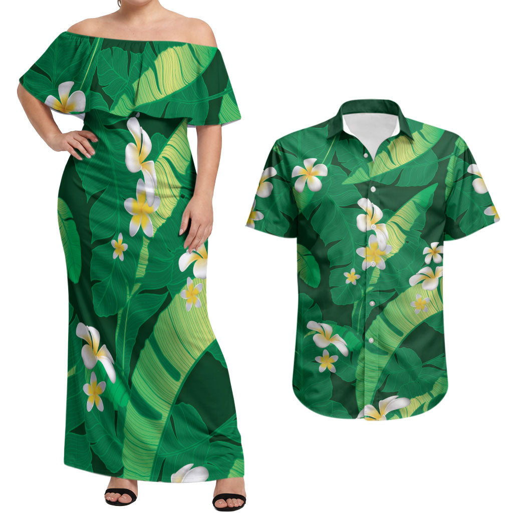 Green Banana Leaf Hawaii Couples Matching Off Shoulder Maxi Dress and Hawaiian Shirt Lau Maia Plumeria Tropical Summer Vibes LT14 Green - Polynesian Pride