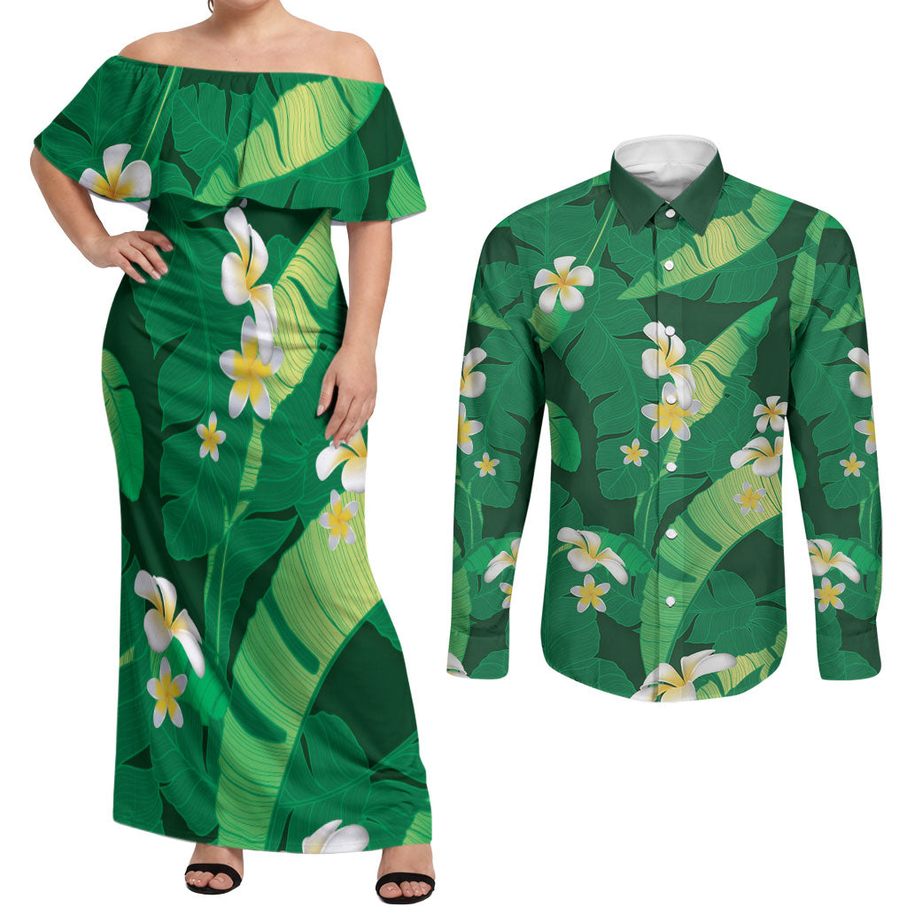 Green Banana Leaf Hawaii Couples Matching Off Shoulder Maxi Dress and Long Sleeve Button Shirt Lau Maia Plumeria Tropical Summer Vibes LT14 Green - Polynesian Pride