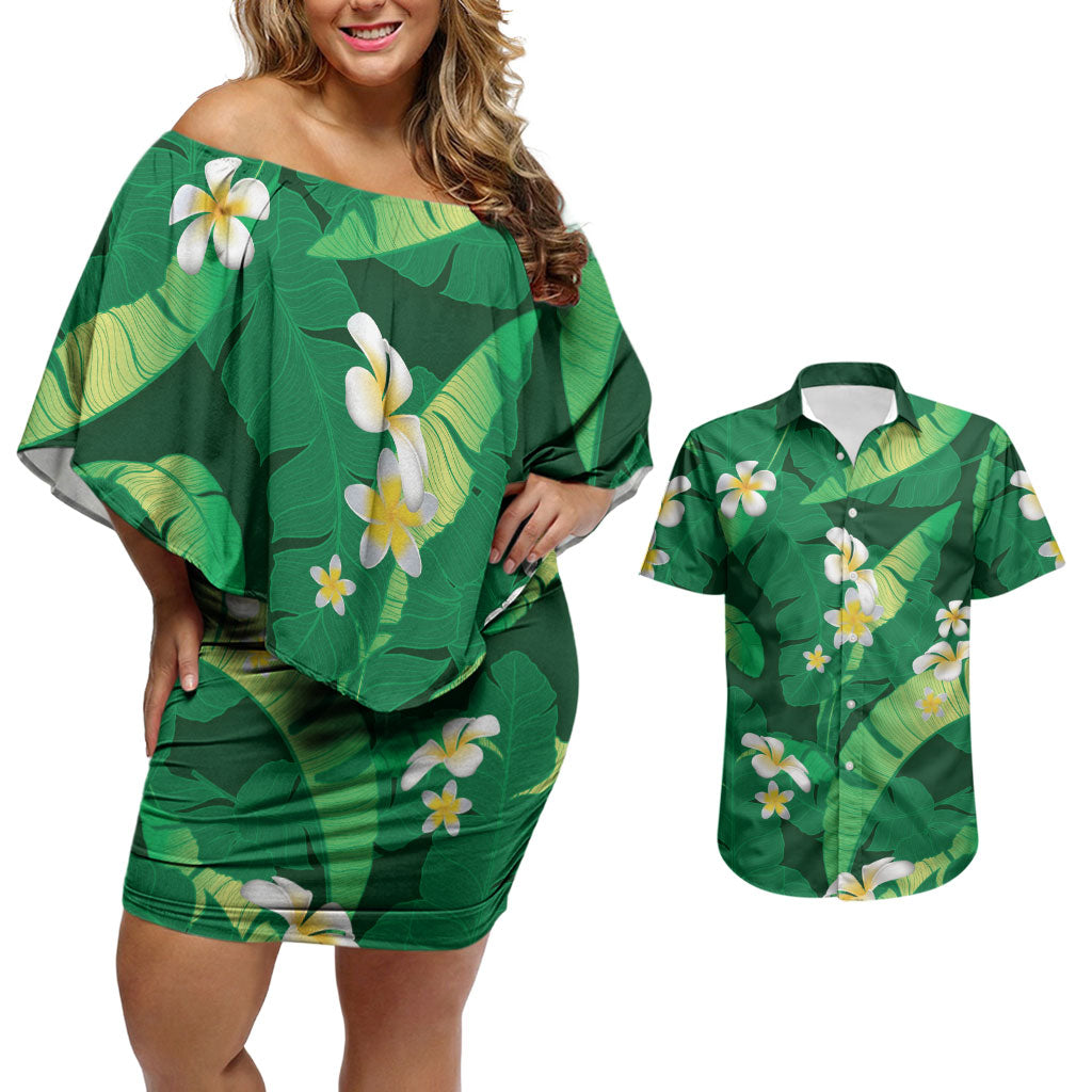 Green Banana Leaf Hawaii Couples Matching Off Shoulder Short Dress and Hawaiian Shirt Lau Maia Plumeria Tropical Summer Vibes LT14 Green - Polynesian Pride
