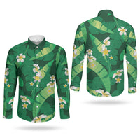 Green Banana Leaf Hawaii Couples Matching Off Shoulder Short Dress and Long Sleeve Button Shirt Lau Maia Plumeria Tropical Summer Vibes LT14 - Polynesian Pride