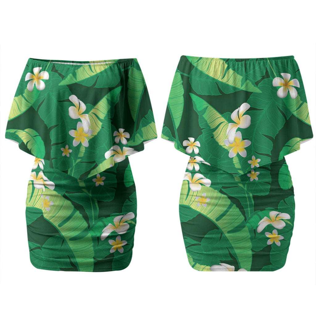 Green Banana Leaf Hawaii Couples Matching Off Shoulder Short Dress and Long Sleeve Button Shirt Lau Maia Plumeria Tropical Summer Vibes LT14 - Polynesian Pride